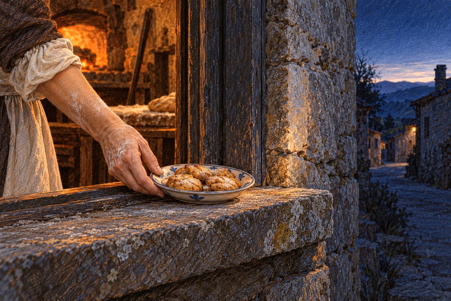A hand leaves a plate of sweets by the bakery window.