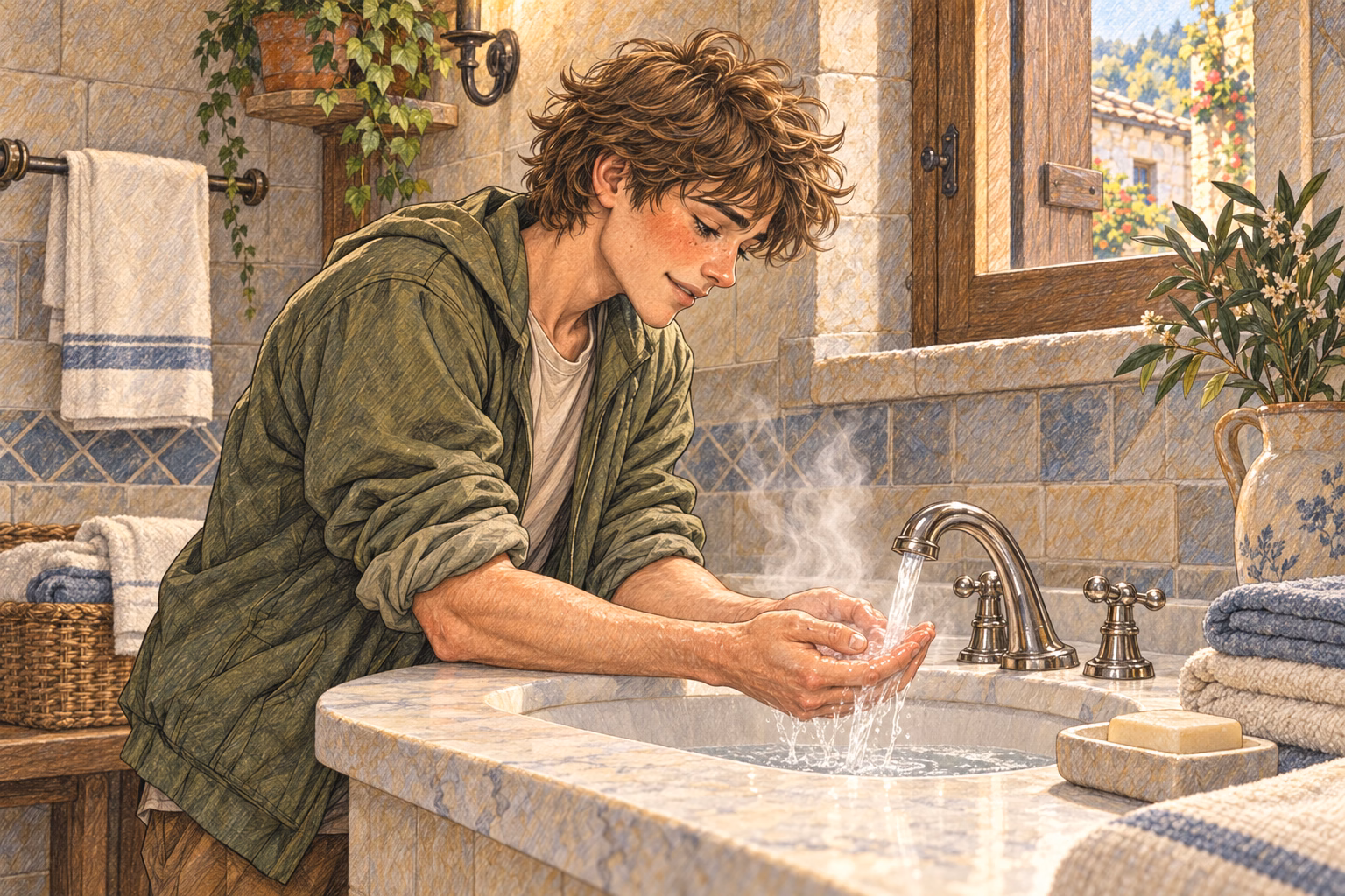 Axel keeps his hands under the warm running water for a while.