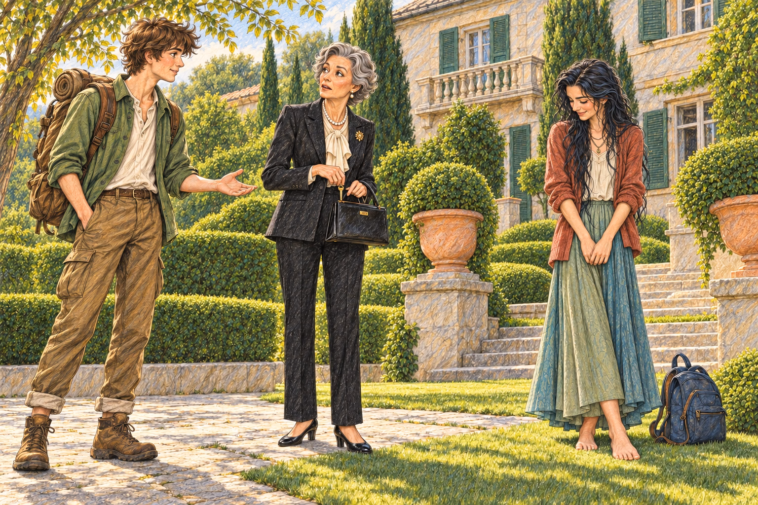 Axel invites Hortensia to come with them, leaving her standing with the key in her hand.