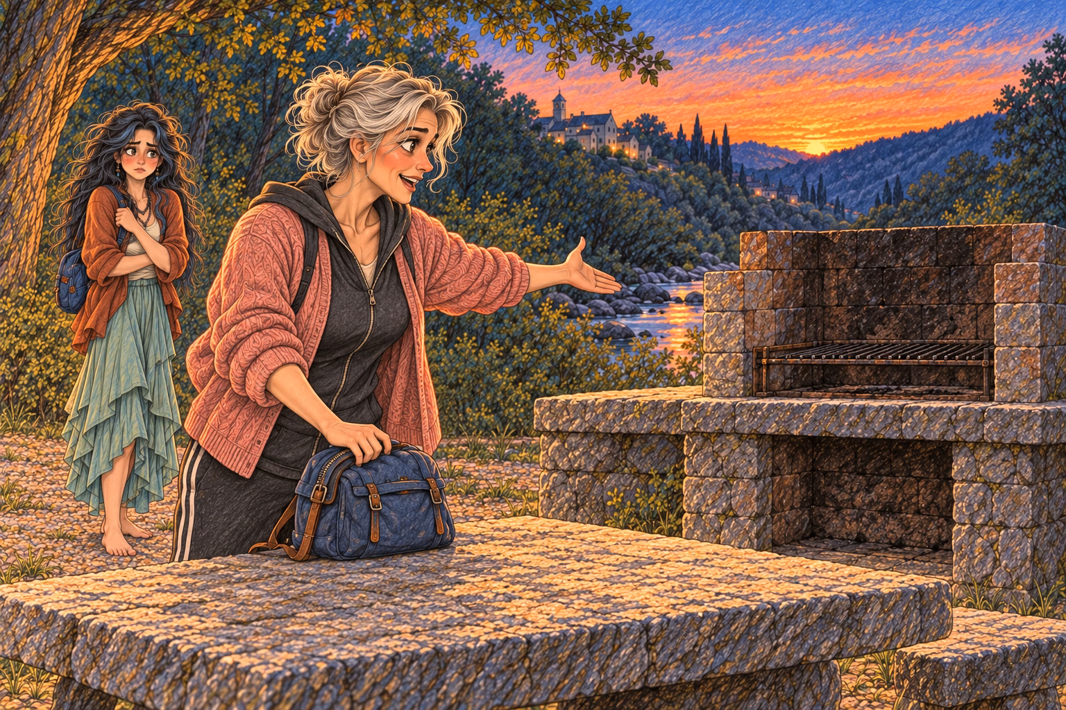 Hortensia argues for staying at the picnic spot while Eva waits on the gravel.