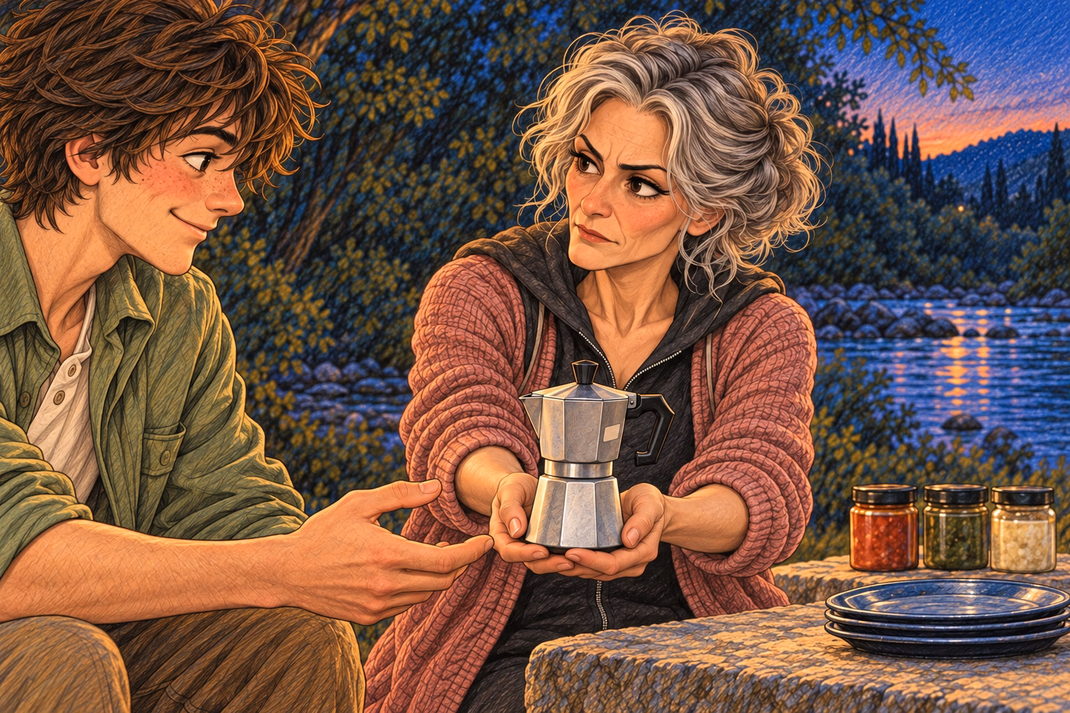 Hortensia presents her moka pot as an essential item for the journey.