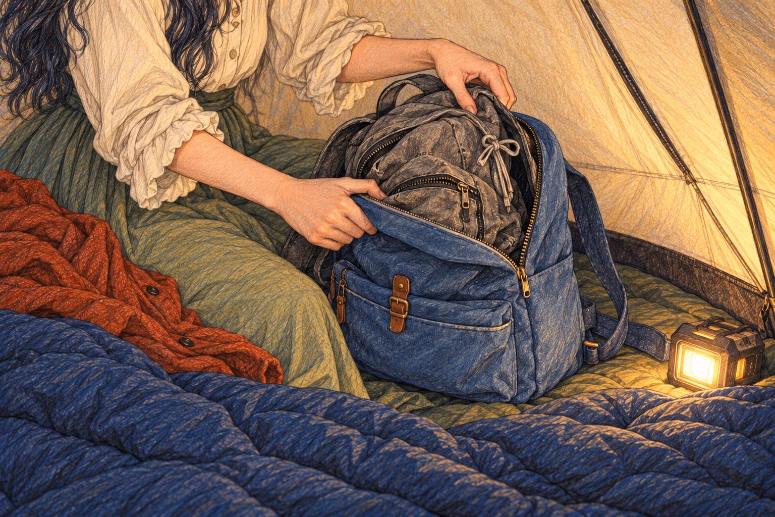 Eva puts her old grey backpack inside the blue one.