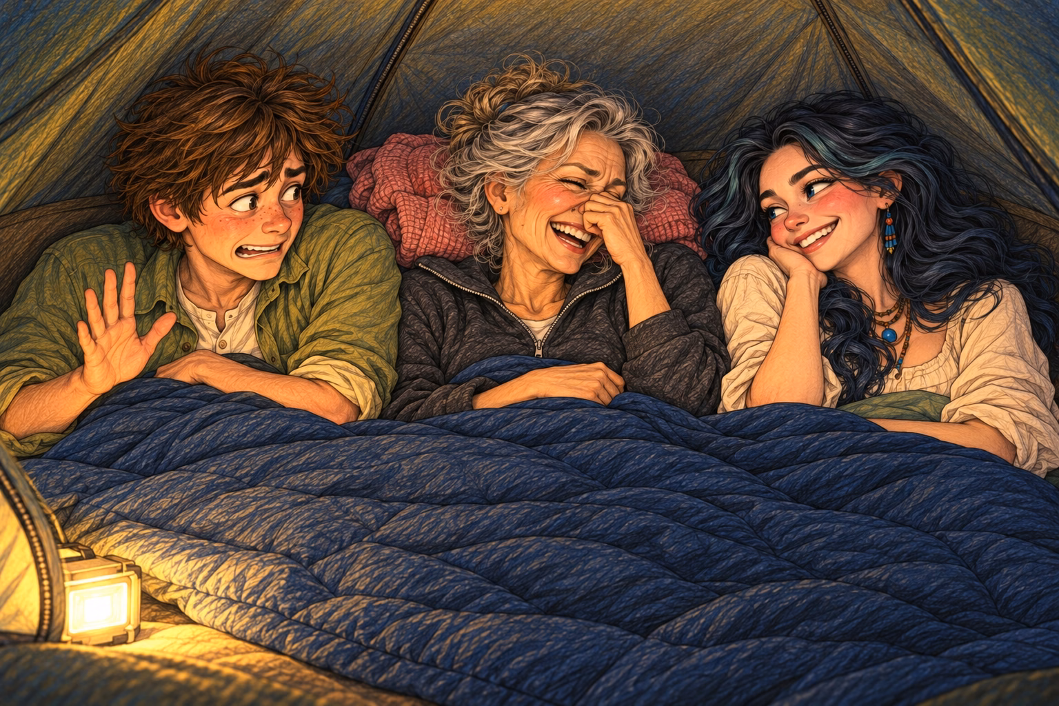 Hortensia pinches her nose and laughs while Eva teases Axel about his feet.