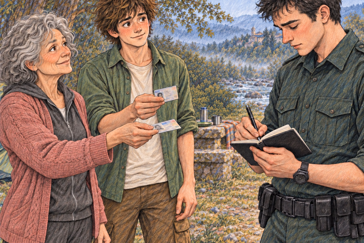 Hortensia and Axel hand their identity documents to the young officer.