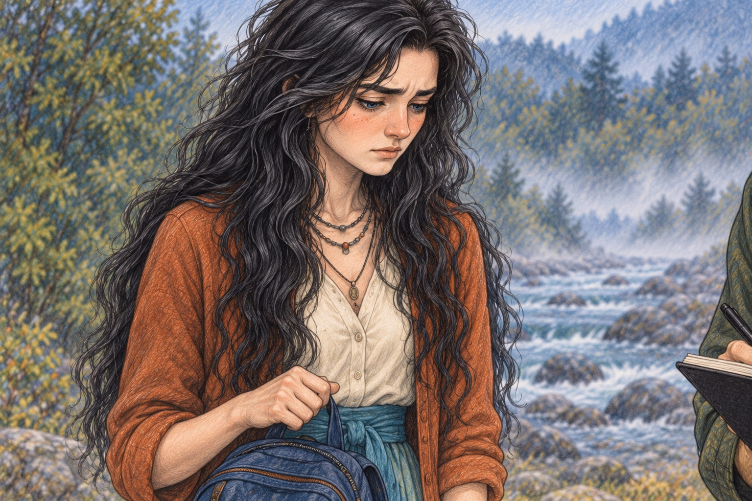Eva stands motionless, eyes lowered, holding her blue backpack.