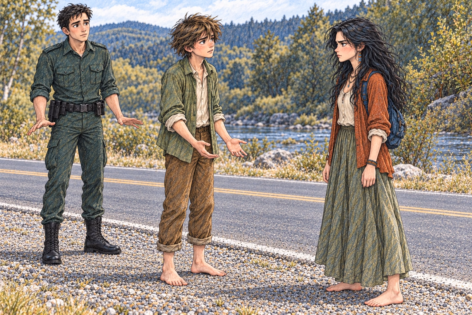 Axel tries to speak to Eva on the roadside as the officer approaches with open hands.