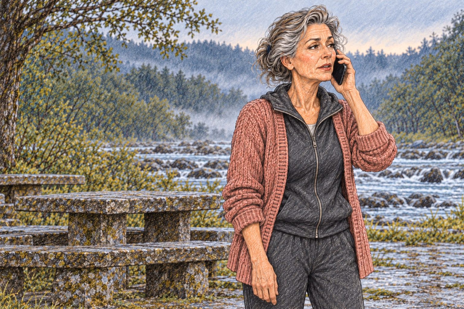 Hortensia speaks on the phone a few paces away from Eva and Axel.