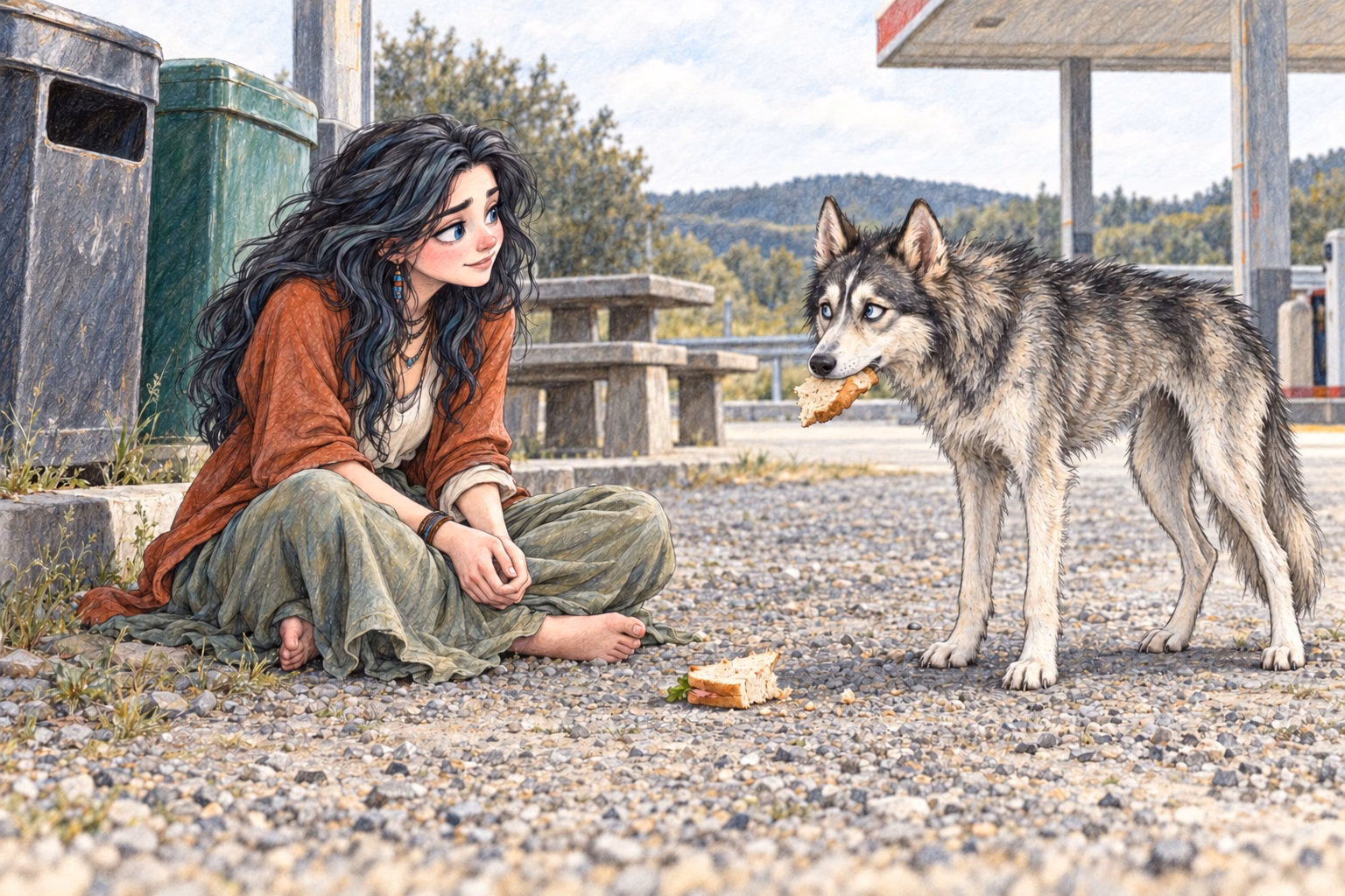 Eva sits on the gravel while the husky eats the bread she has offered her.