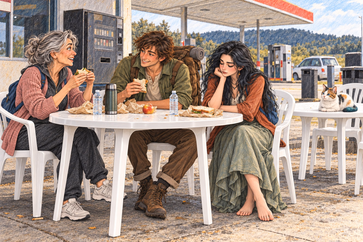 The three stop for sandwiches at a petrol station’s picnic area.