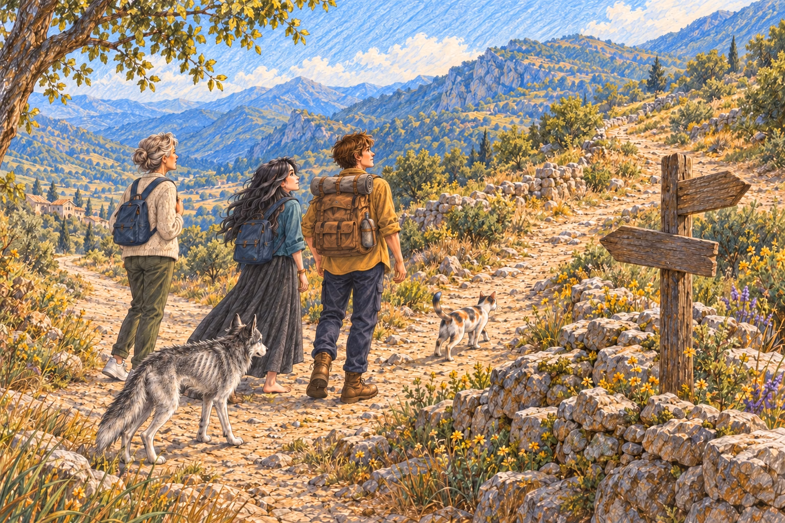 The travellers pause at a fork leading towards the mountains.