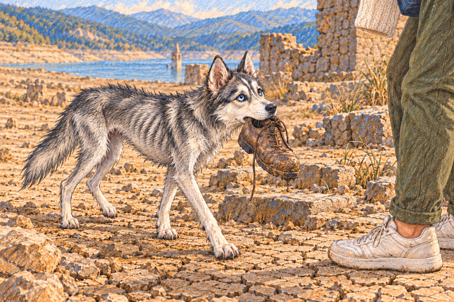 Kika carries an old shoe in her mouth along the reservoir’s cracked shore.