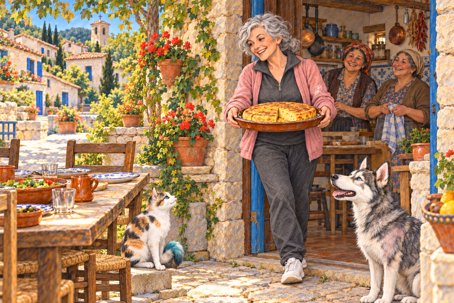 Hortensia comes out of a kitchen with a dish of Spanish omelette and two neighbours behind her.