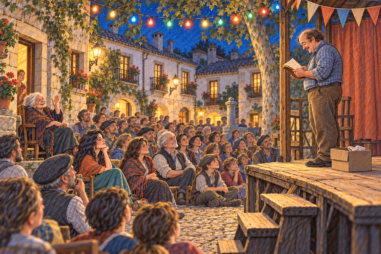 The bar owner reads the old notebook on the stage; a very old neighbour raises her hand from her chair.