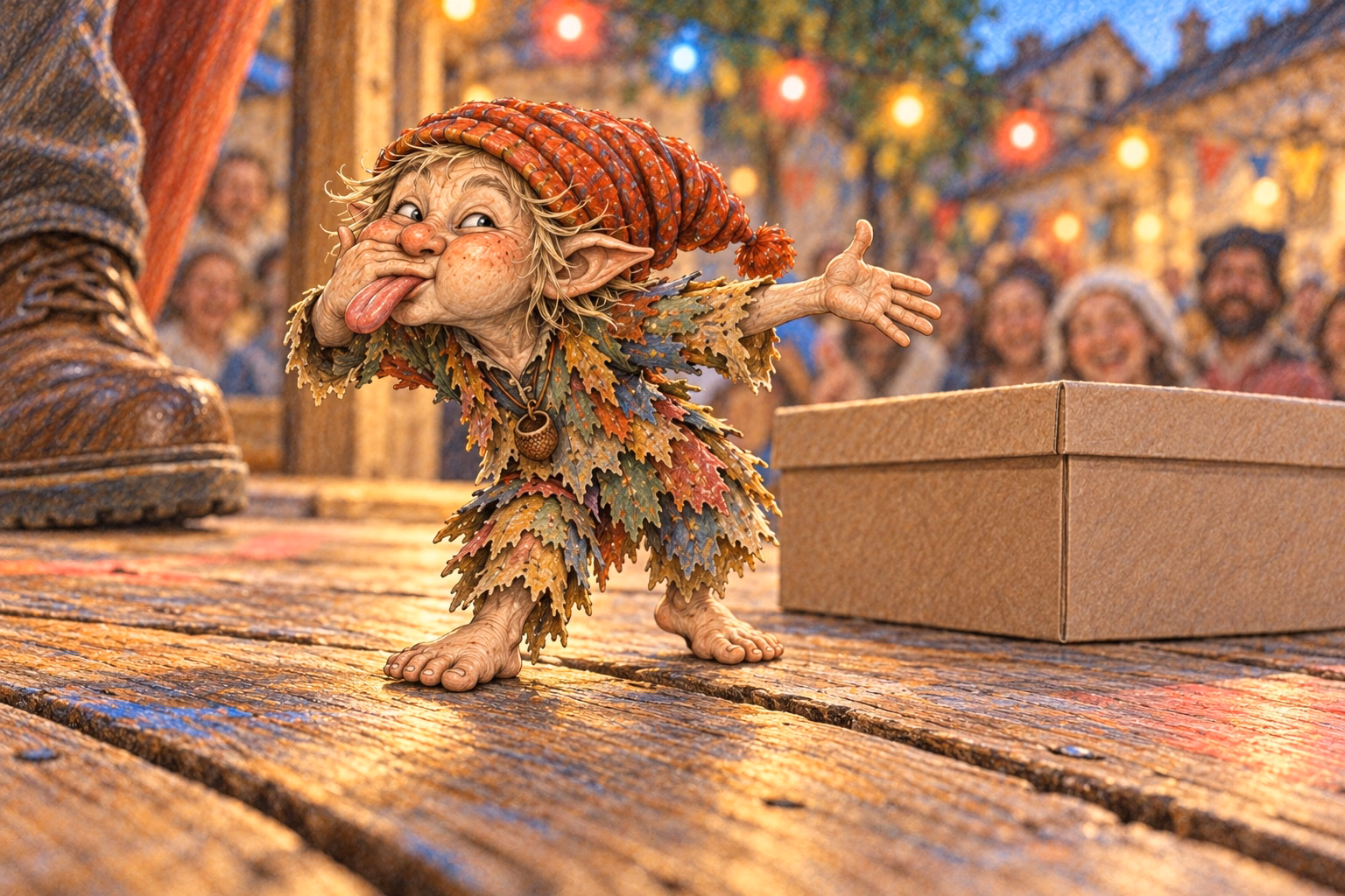 Gorgorito blows a raspberry on the stage, tiny beside the shoebox.
