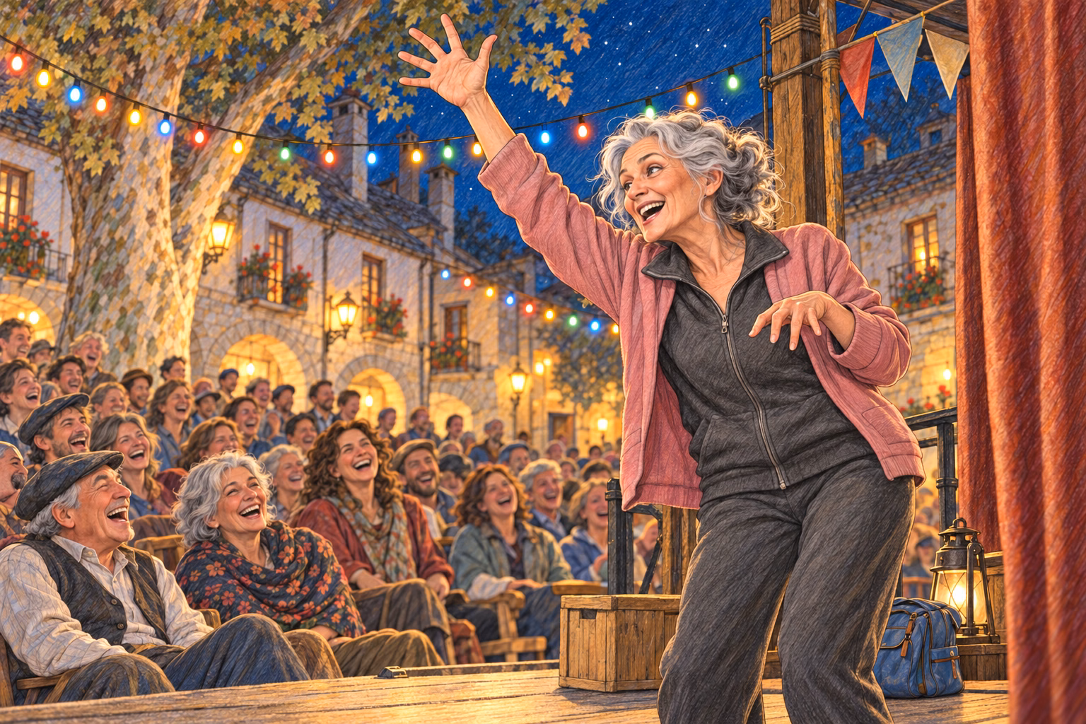Hortensia raises a hand while telling the story of the water trough, making the neighbours laugh.