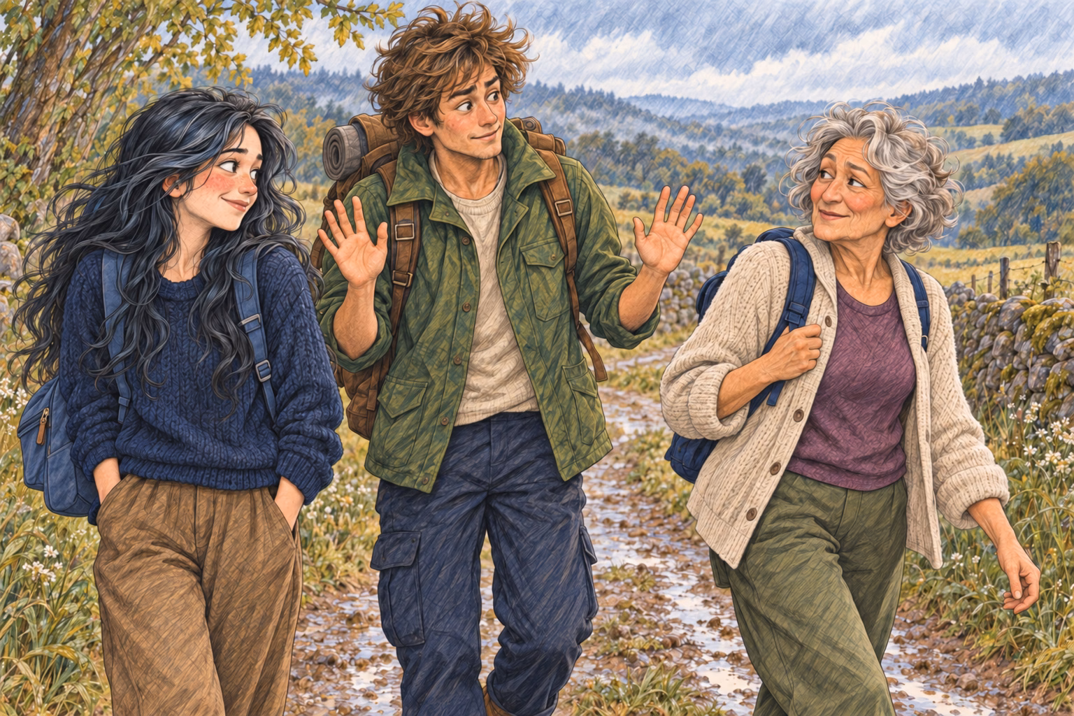 Axel raises both hands as Eva tries not to laugh in front of Hortensia.
