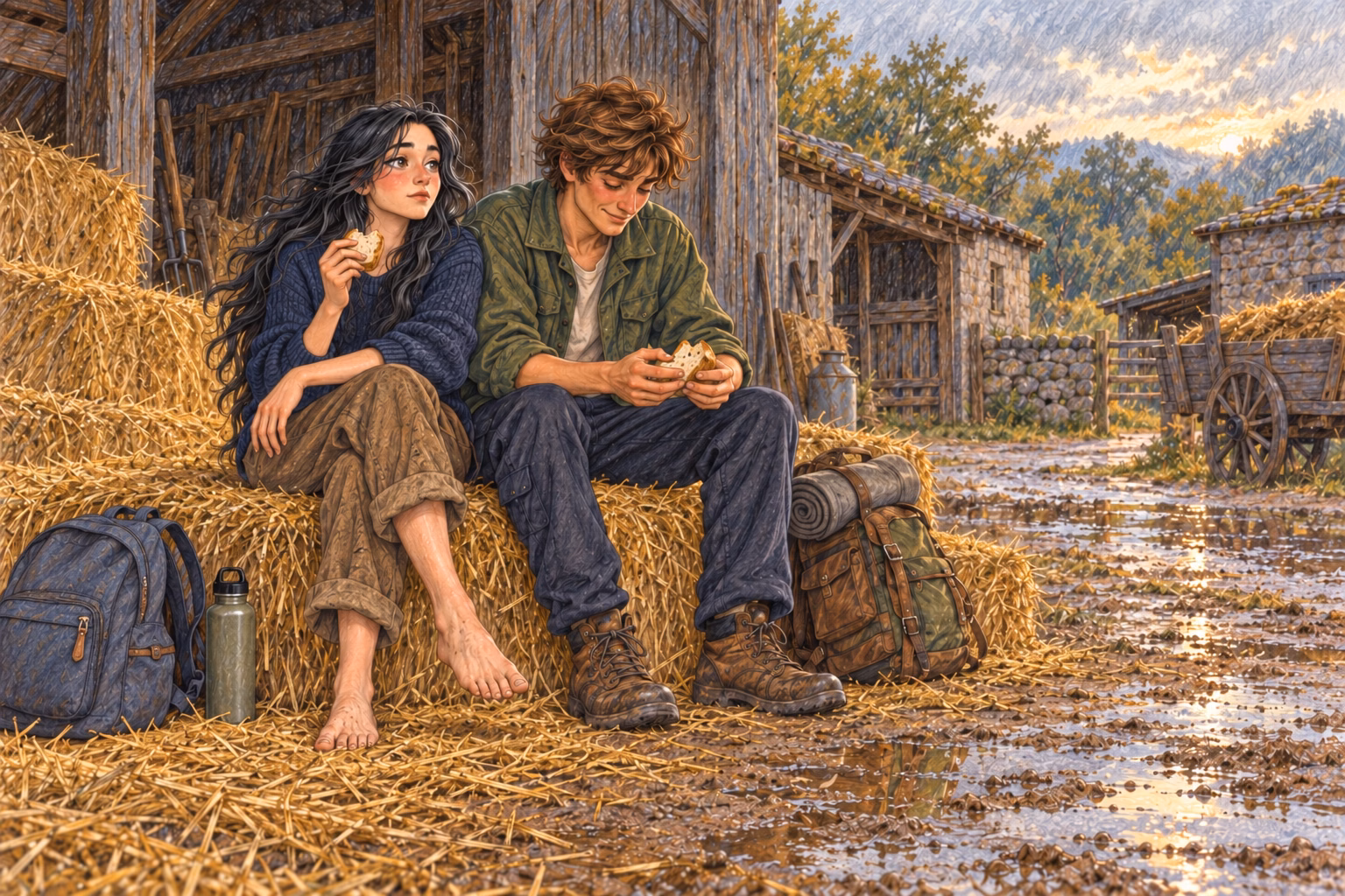 Eva eats bread sitting shoulder to shoulder with Axel on straw bales.