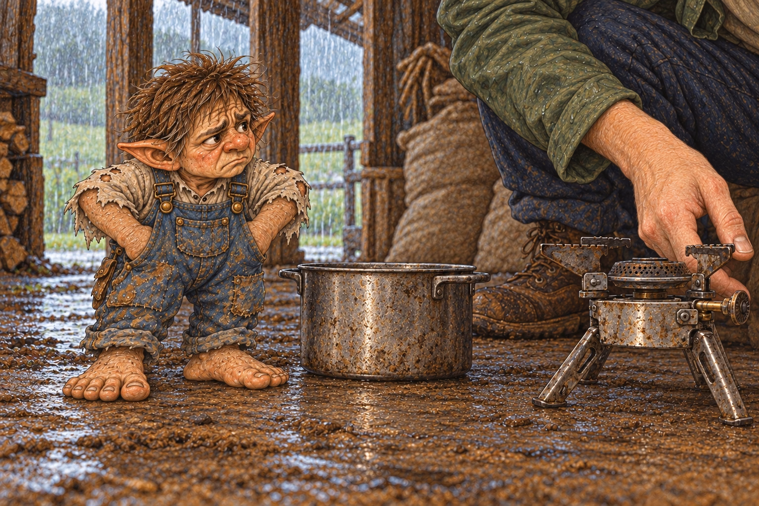 Manazas stuffs his huge hands into his pockets while Axel moves the stove away.