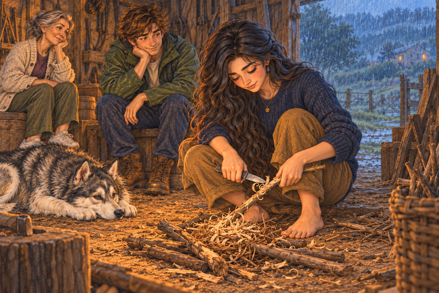 Eva shaves curls from a dry stick to light the fire.