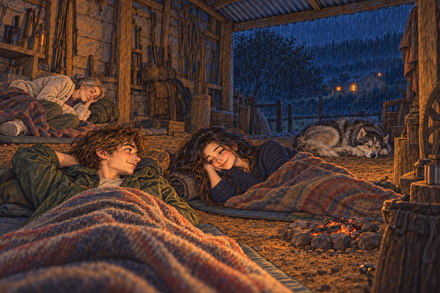 Axel and Eva talk quietly on their camping mats while Hortensia sleeps.