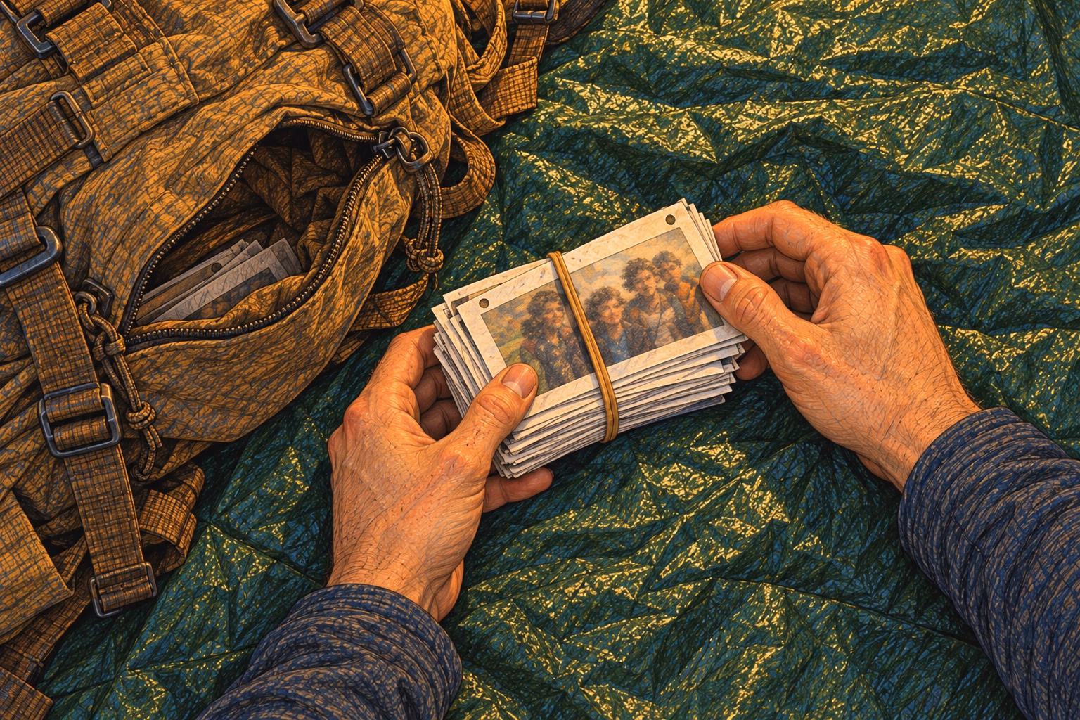 Axel takes the stack of photographs held with an elastic band from his rucksack.