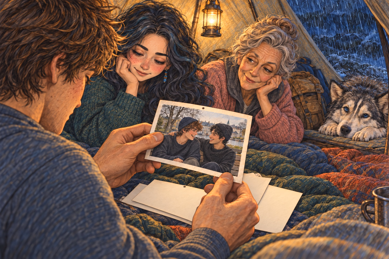 Axel holds the photograph of two nineteen-year-old friends wearing matching beanies.