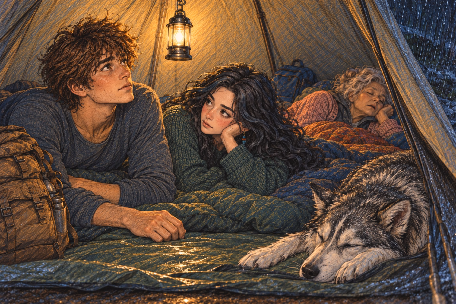Eva speaks quietly to Axel while Hortensia sleeps at the back of the tent.