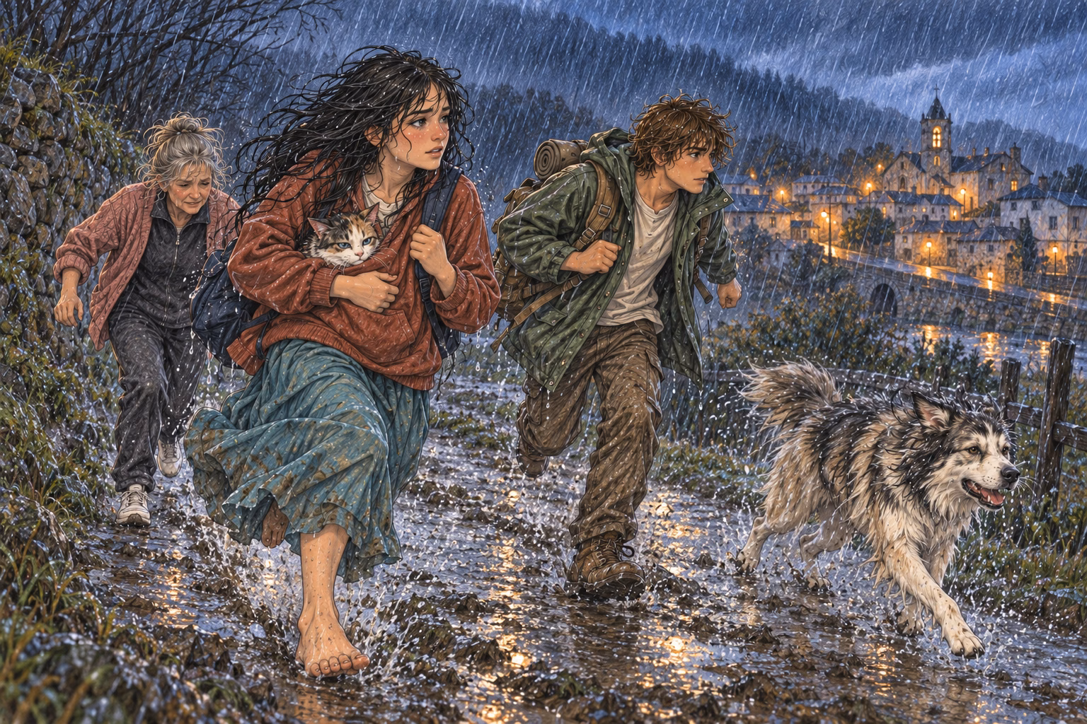 Eva runs through the rain with Fay tucked into her sweatshirt and the others beside her.