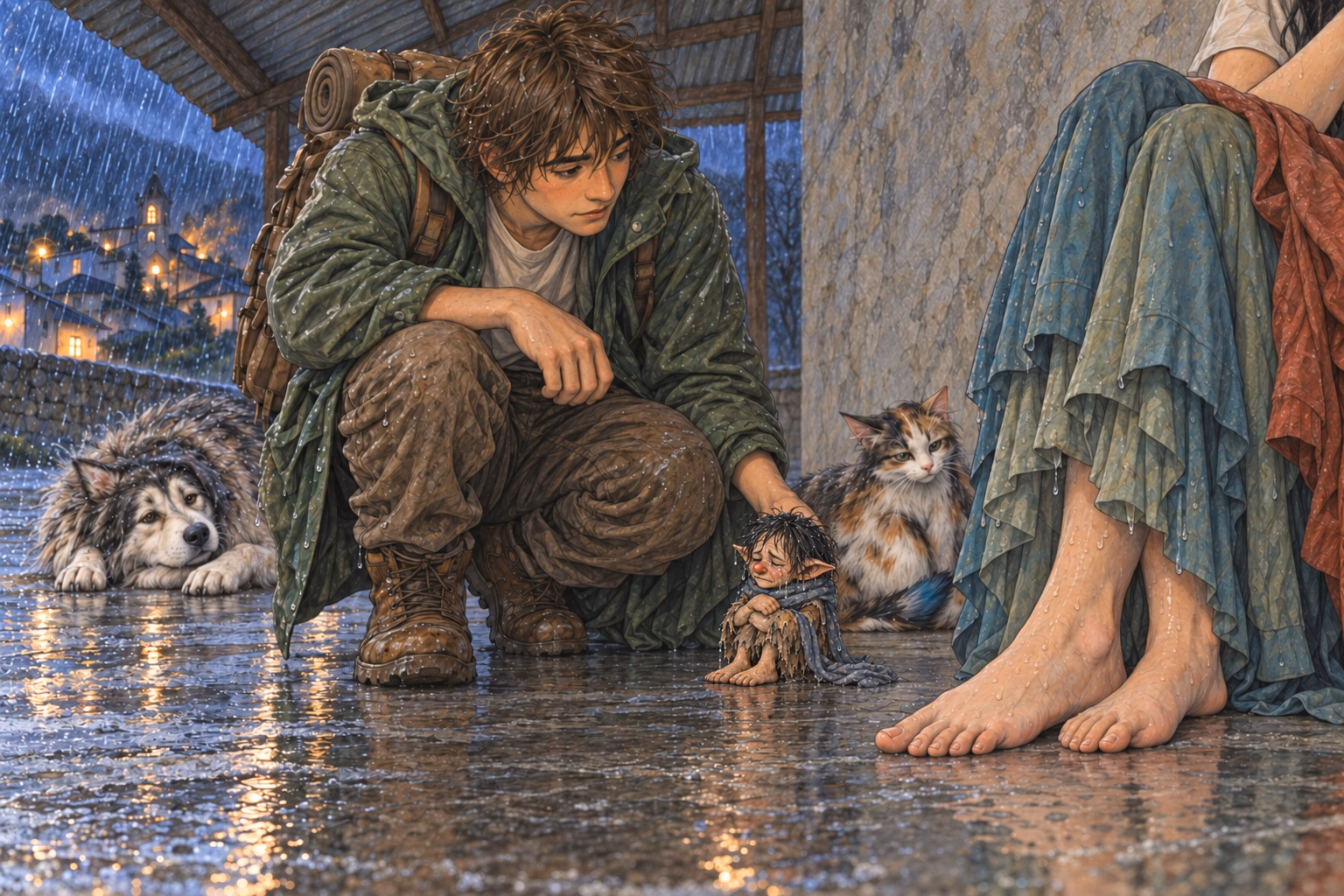 Axel looks at Ñoño, soaked and crying beside Eva’s ankle.