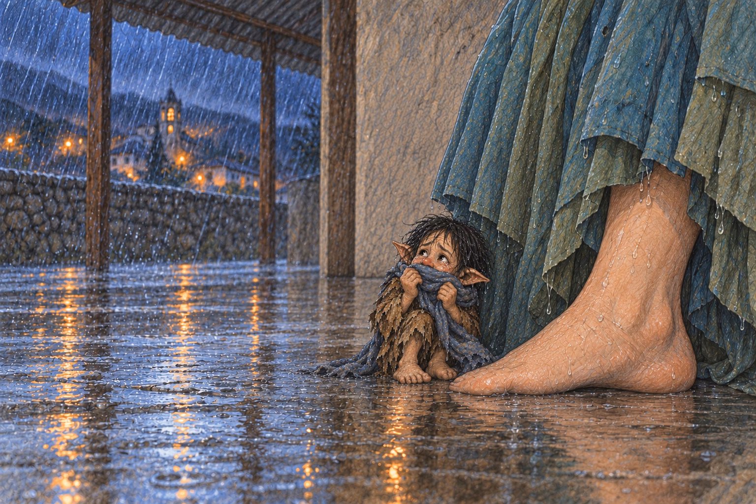 Ñoño covers his face with his wet scarf beside Eva’s foot.