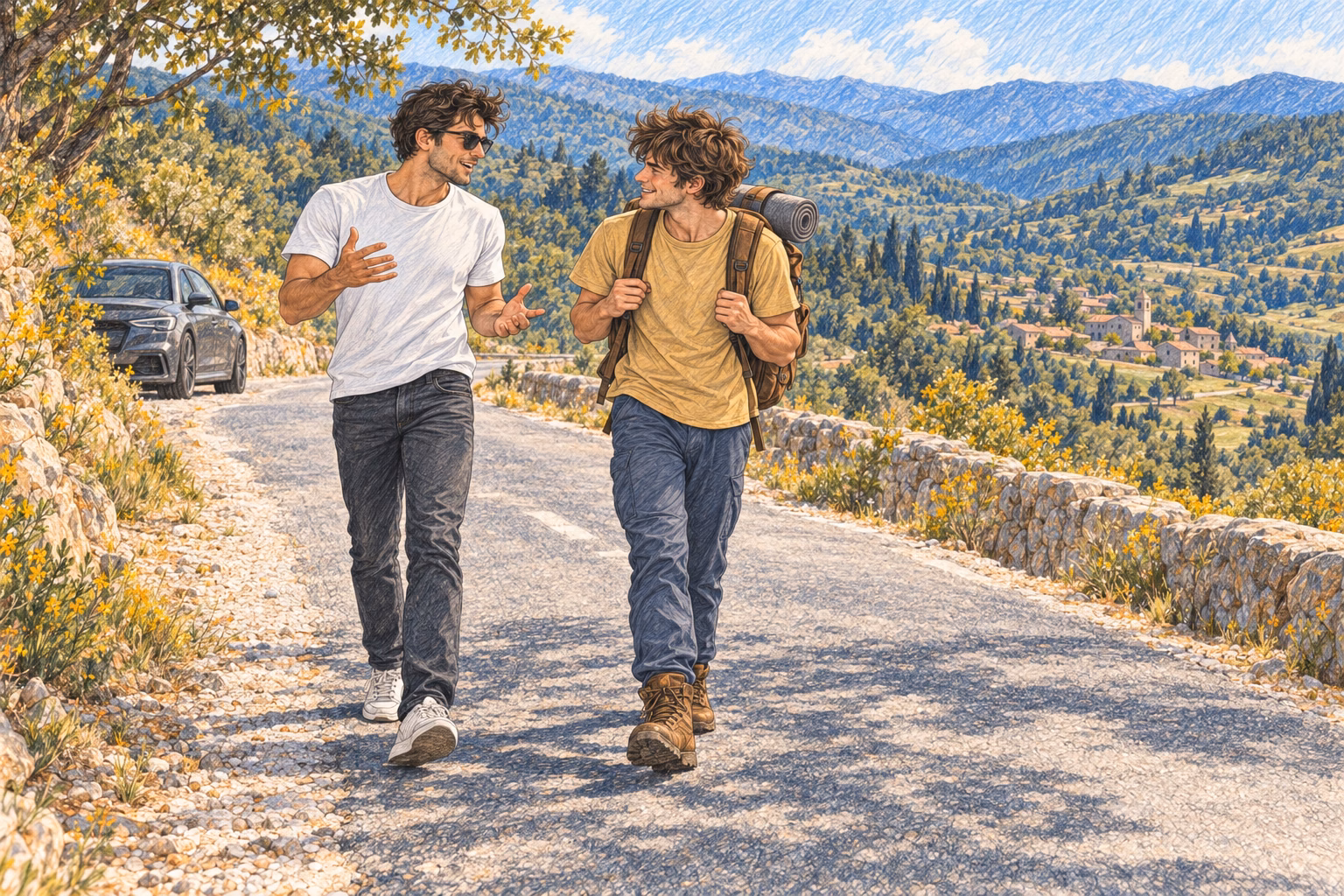 Víctor talks and gestures as he walks along the road with Axel.