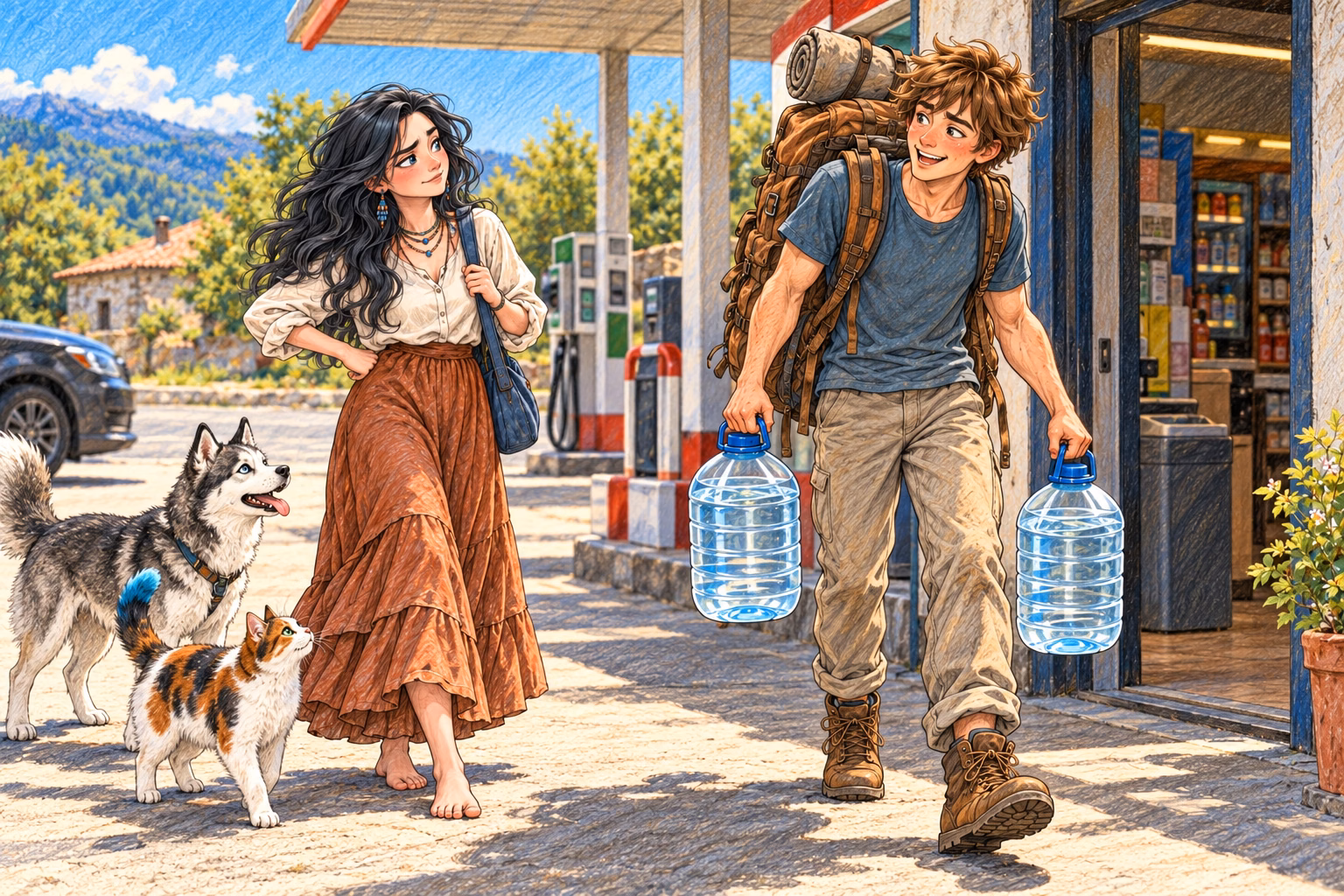Axel leaves the petrol station with two water containers as Eva gives him a doubtful look.
