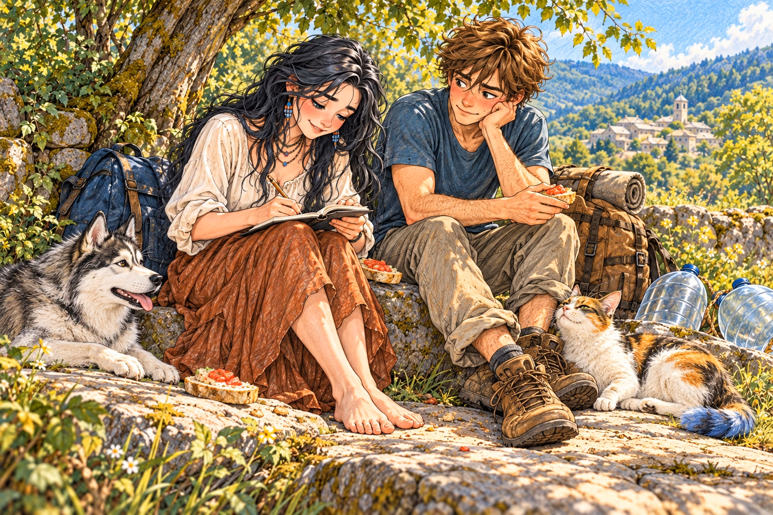 With her hair still wet, Eva writes in her notebook beside Axel and their tomato bread.