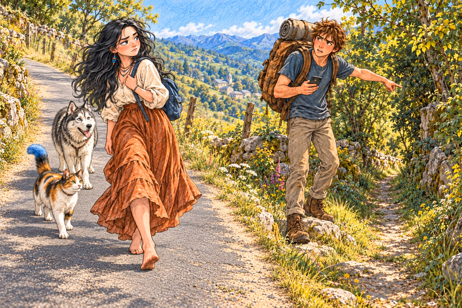Holding his phone, Axel points towards a shortcut while Eva stays on the road.