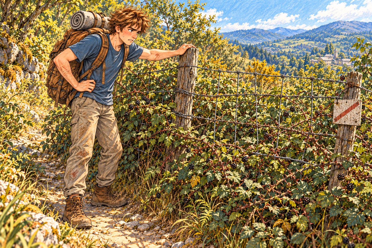 Axel stops at a new wire fence blocking the path through the brambles.