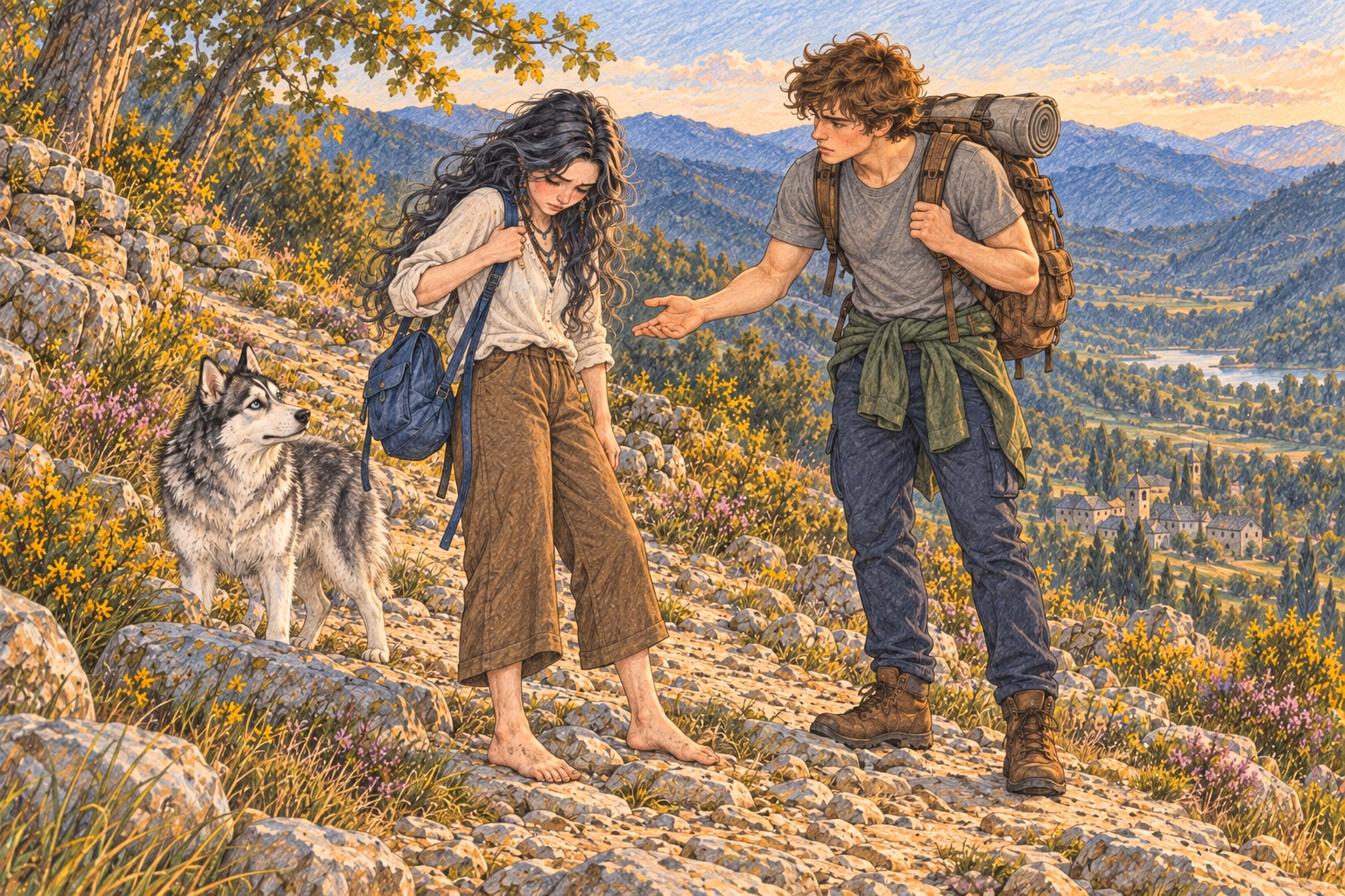 Eva grips the loose strap of the blue rucksack as Axel offers a hand to help.