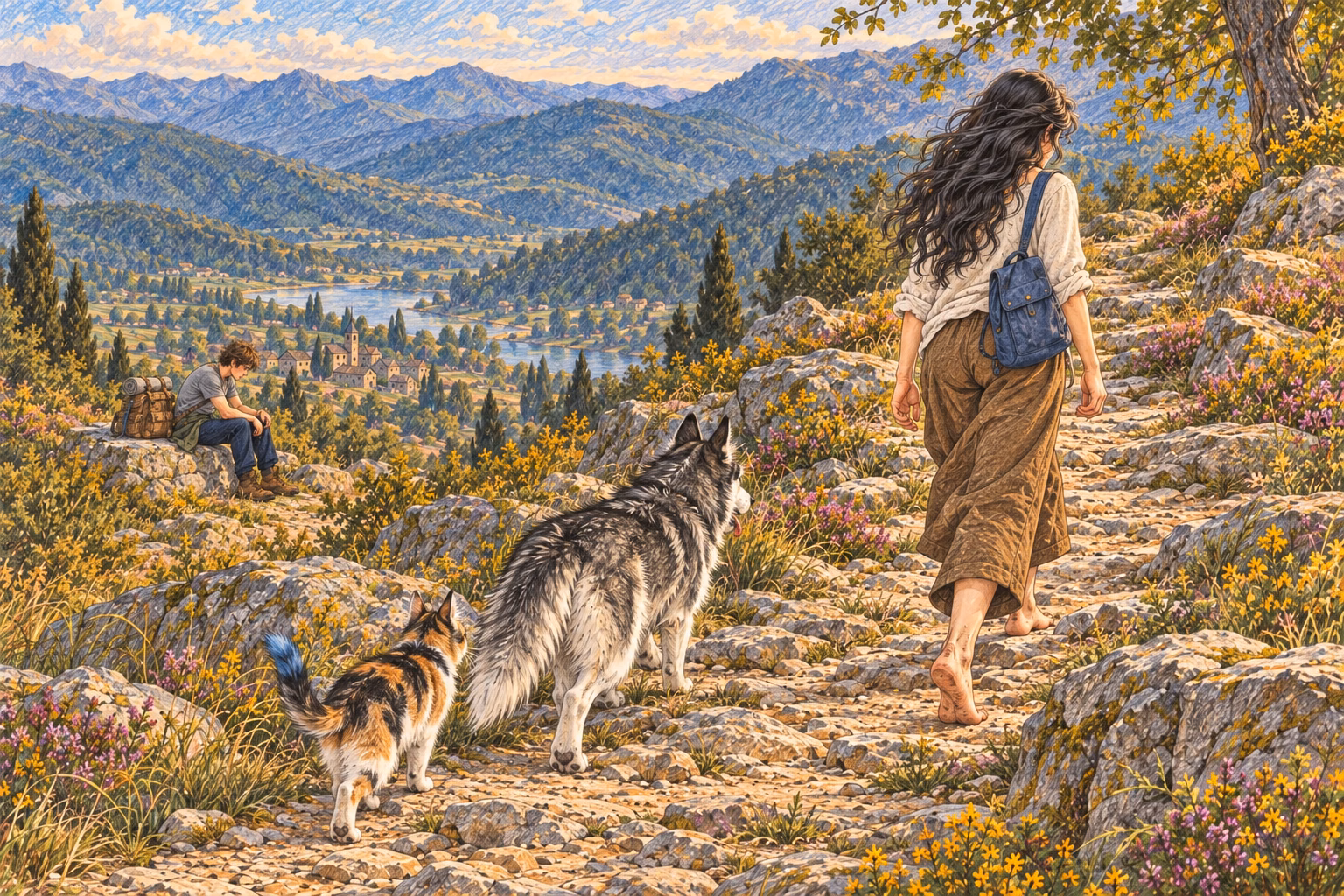 Eva starts uphill again with the blue rucksack on one shoulder; Axel remains seated below.
