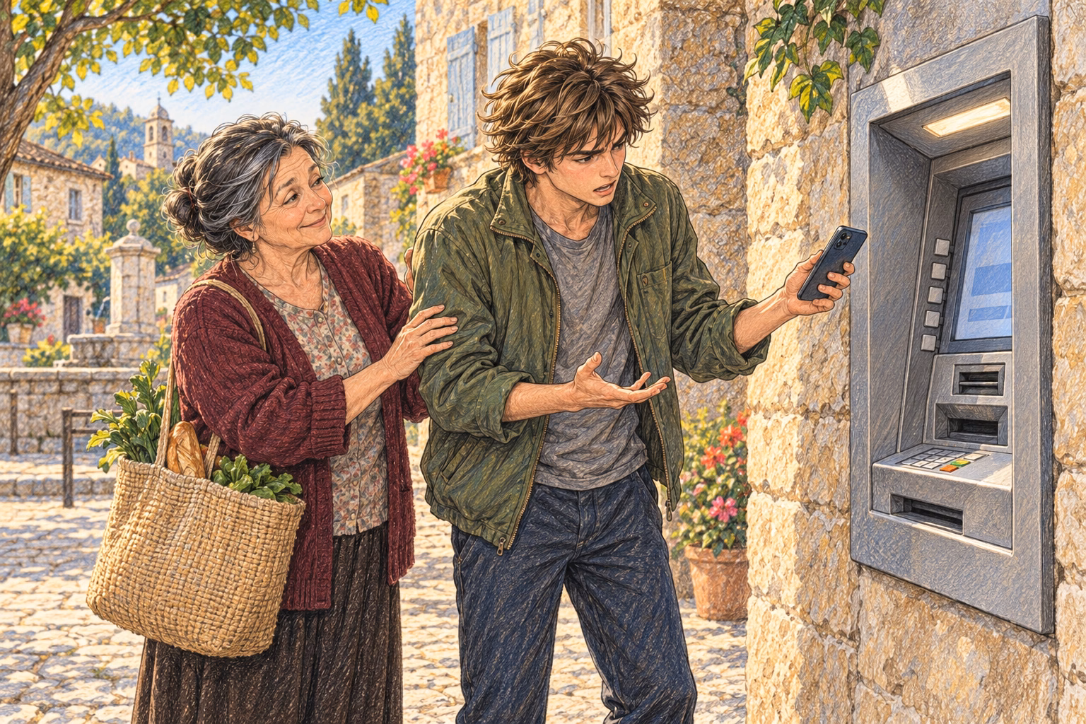 A local woman touches Axel’s arm as he argues with a cash machine that will not accept his phone.