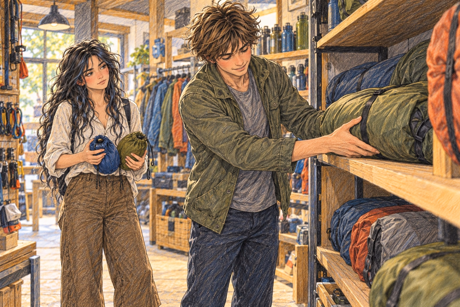 Axel puts the tent back on the shelf while Eva waits with the hammocks.
