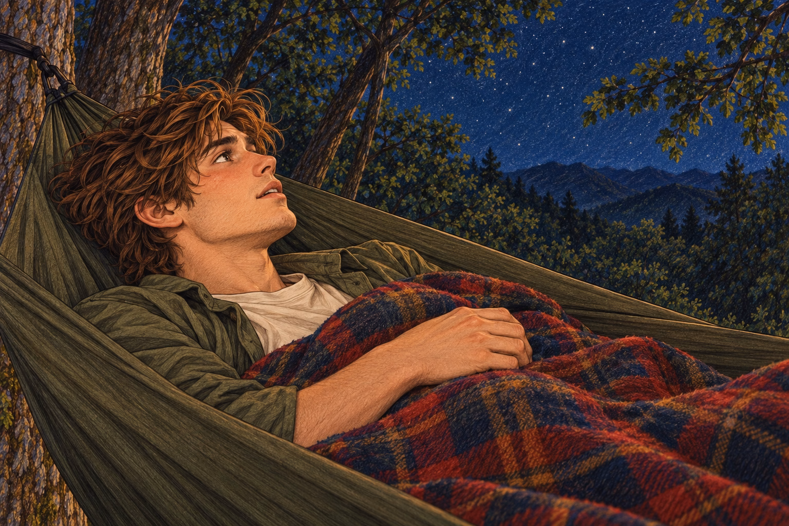 Axel talks about Rubén from his hammock, the blanket up to his chest and his gaze among the branches.