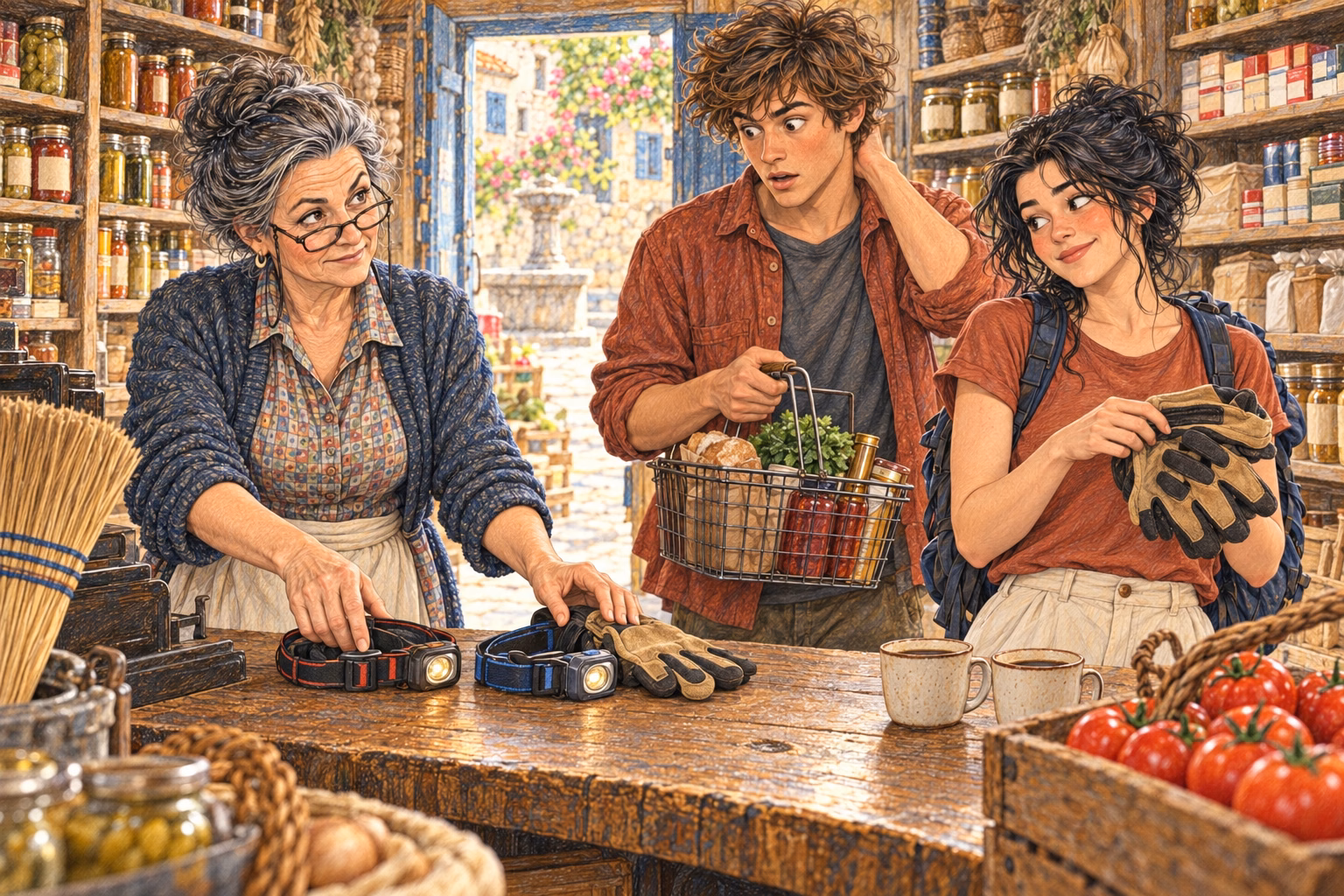 Trini adds headlamps, gloves and a broom to Axel and Eva’s shopping.
