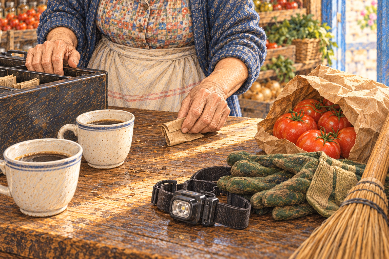 Trini folds the bill among the coffees, tomatoes and supplies they need for the house.