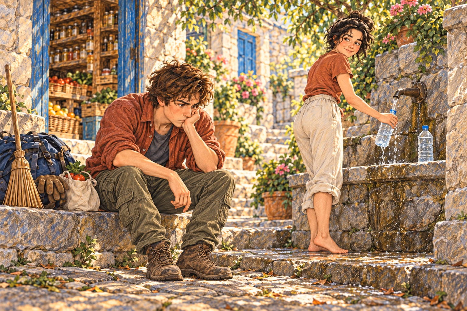 Eva fills their bottles at the fountain while Axel is still bewildered by Trini’s advice.