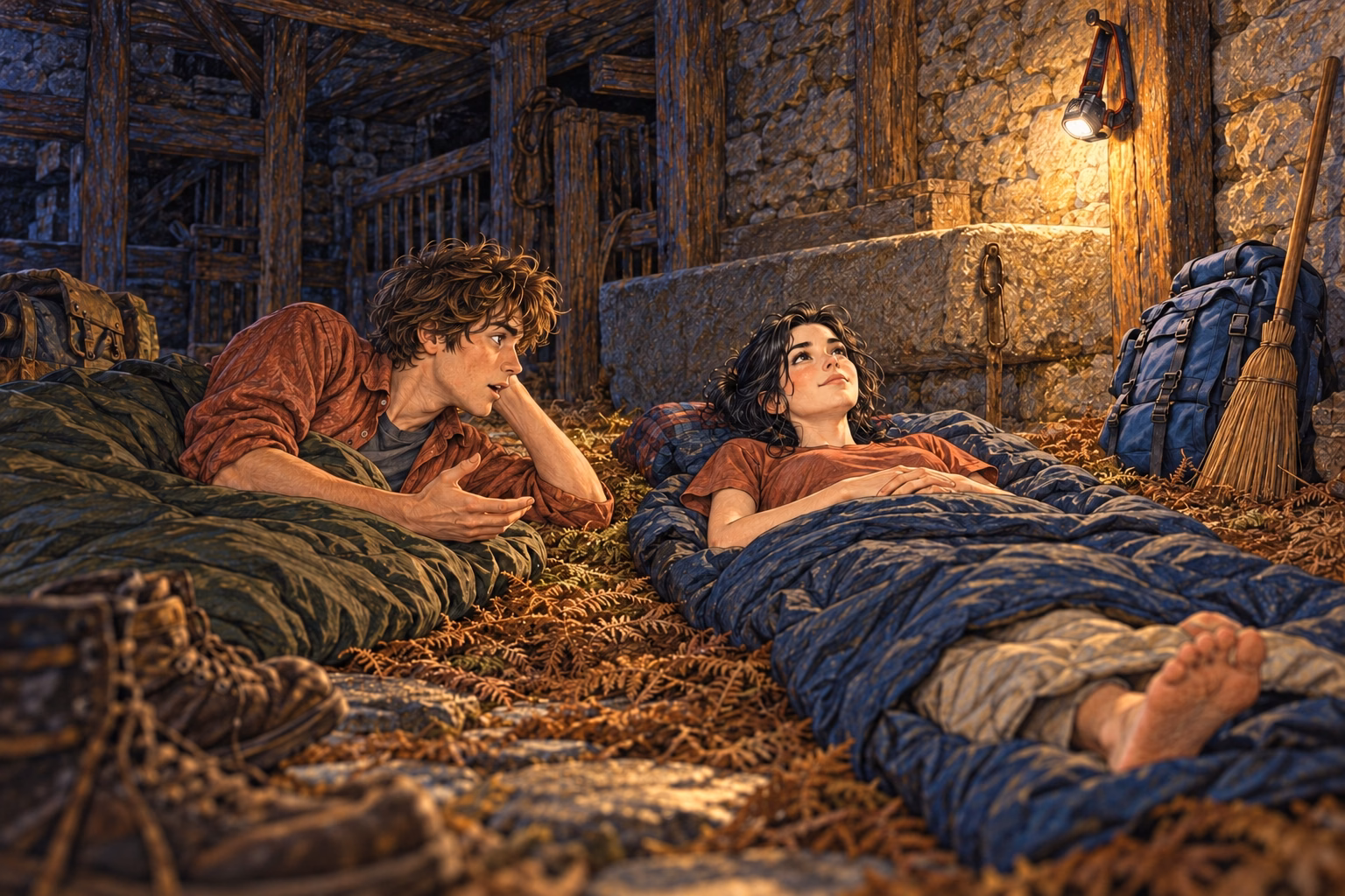 Lying in the stable under the headlamp’s light, Axel tries to explain himself while Eva looks at the ceiling.