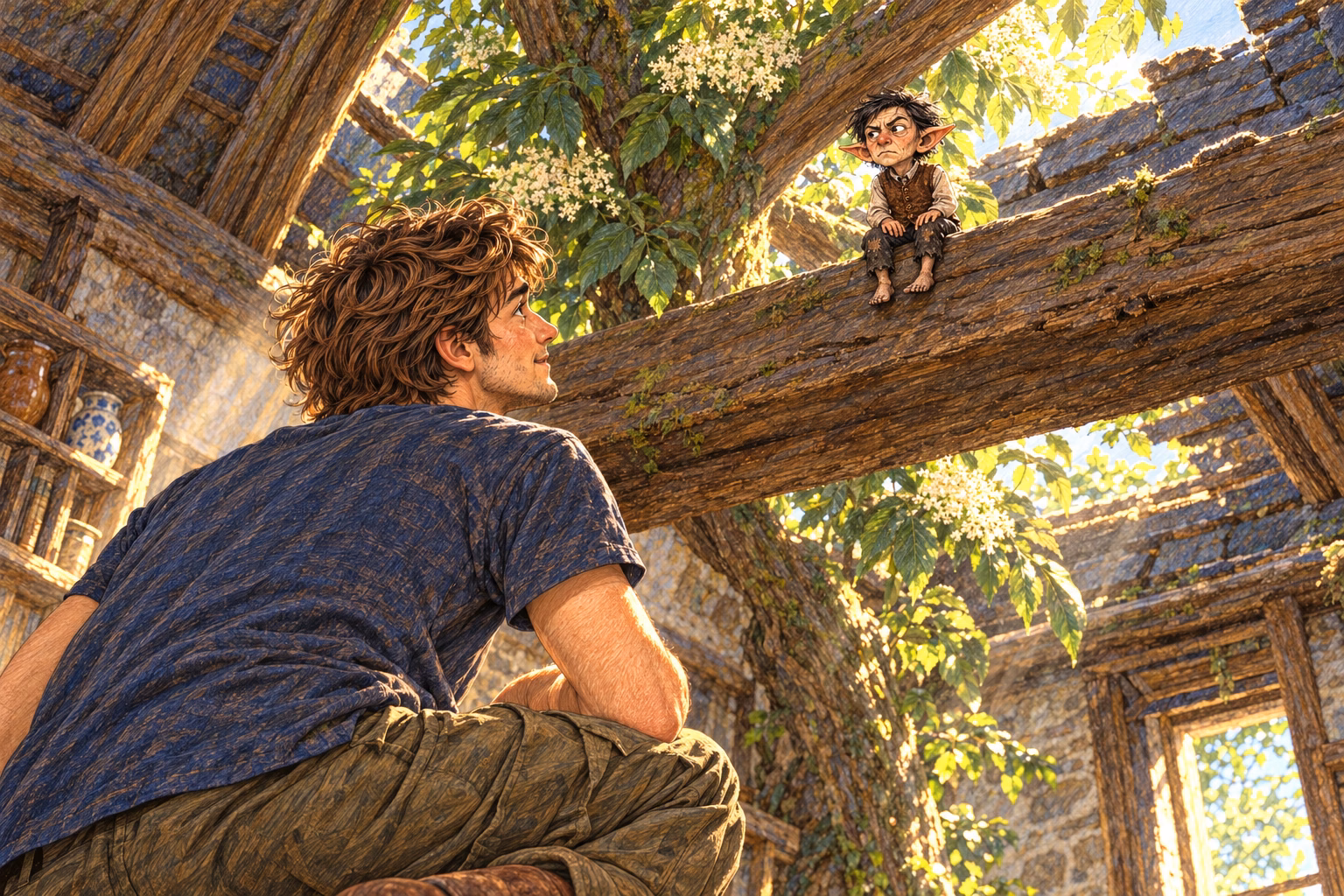 The waistcoated elf sits stiffly on his beam while Axel says good morning.