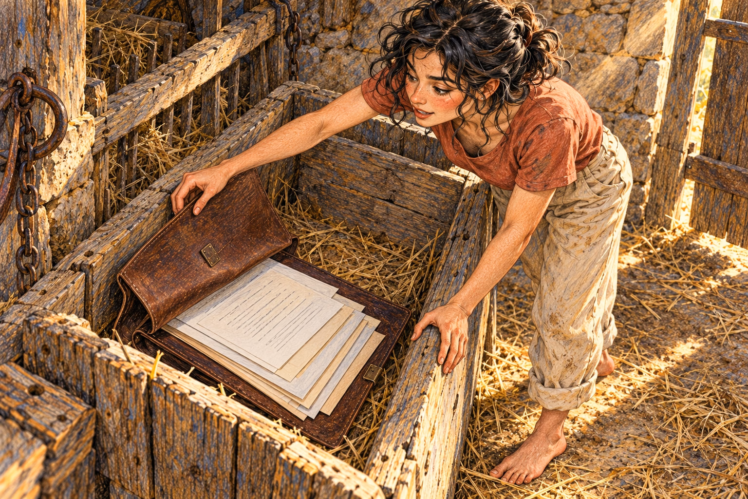 Eva finds the folder in a feeding trough, its papers arranged by size.
