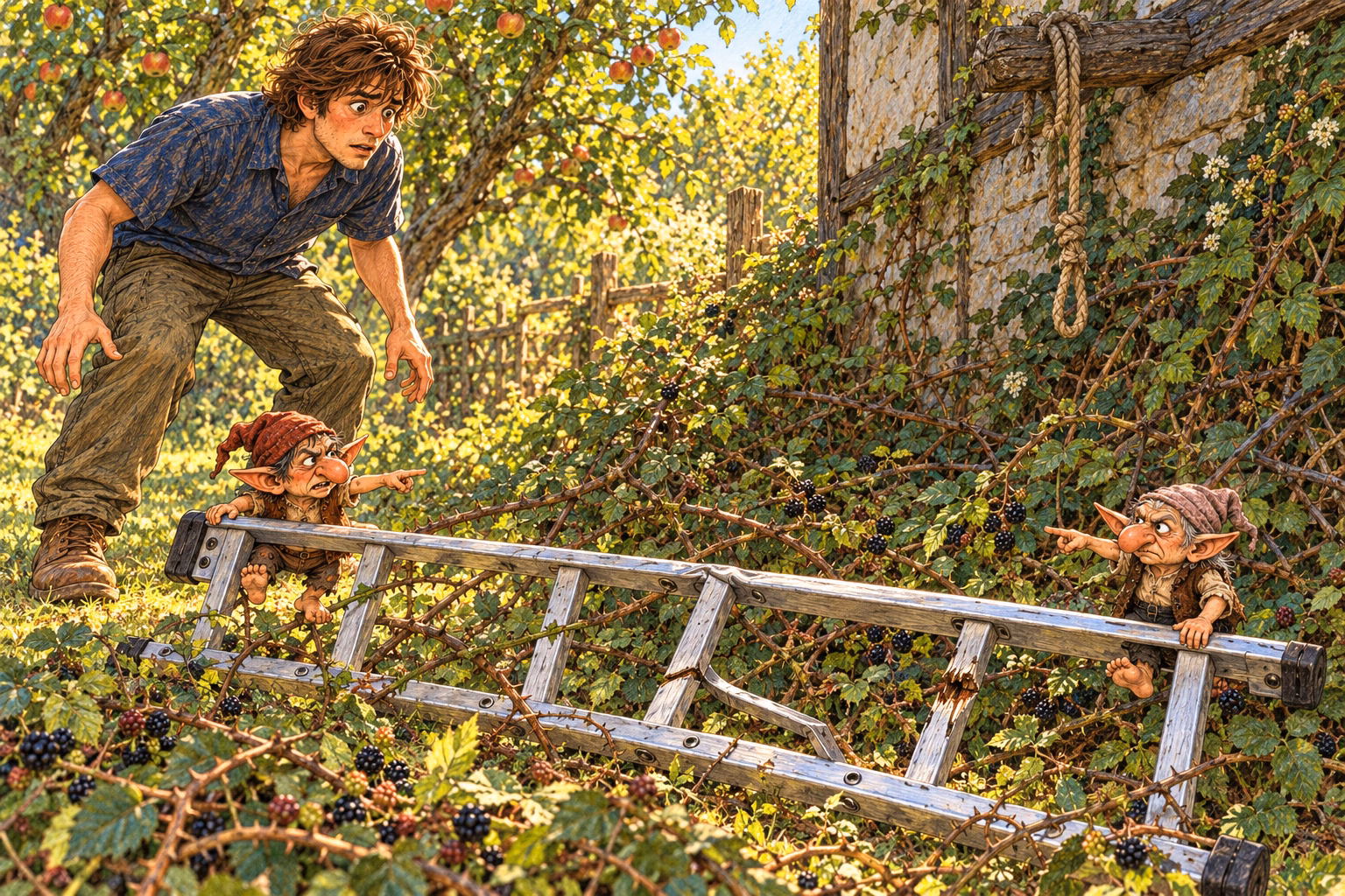 Two little elves cling to the fallen ladder among the brambles, each blaming the other.