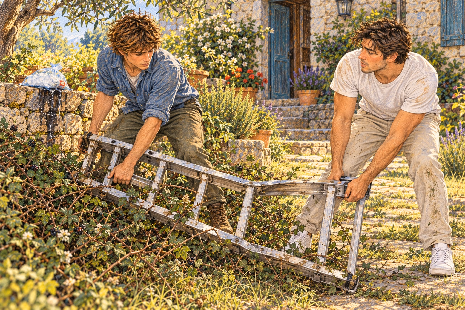Víctor helps Axel pull the ladder out of the brambles while the ice melts on the wall.