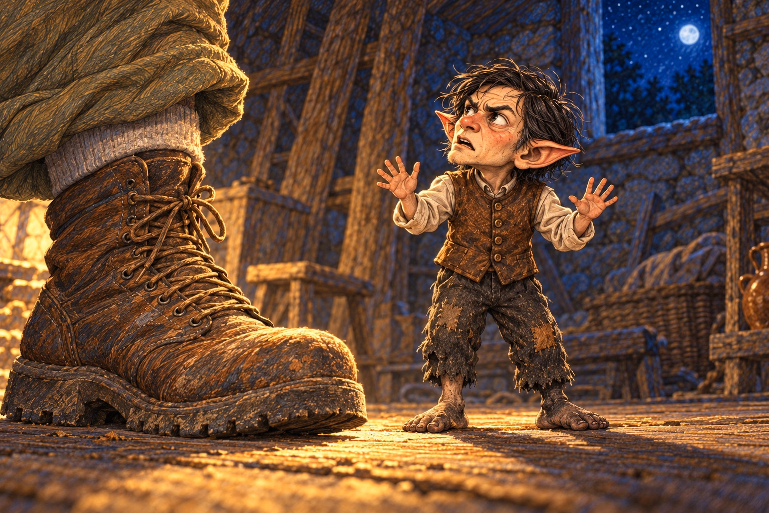 The waistcoated elf stands beside Axel’s boot, indignant about the ladder incident.