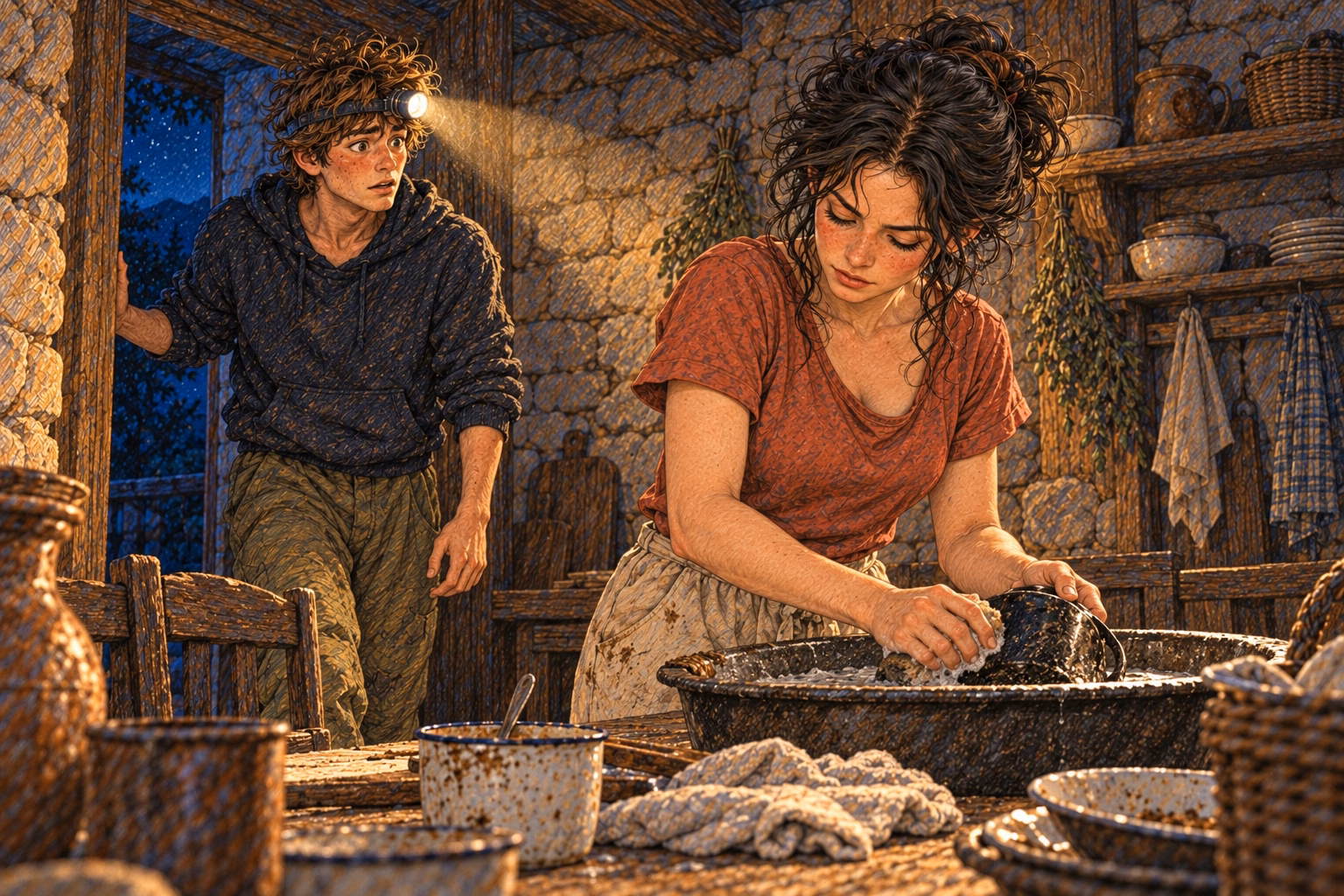 Axel stops in surprise in the kitchen while Eva keeps scrubbing the pot.